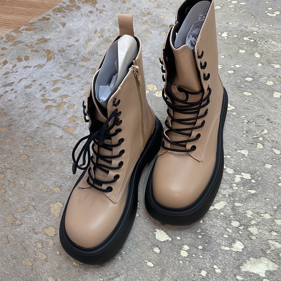 Cream and Black Lace Up Combat Boots - Picture 3 of 5